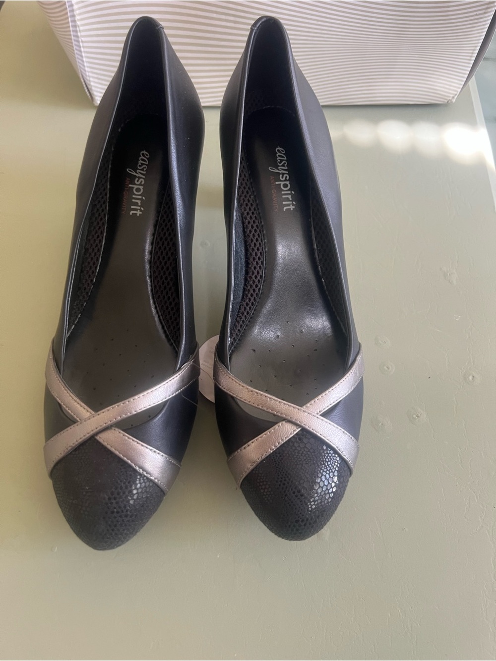 Easy Spirit Black Pointed Flats with Metallic Silver Cross-Strap